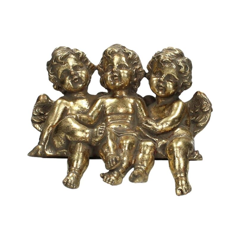 Änglar på rad i guldfärgat polyresin, mått 15x7,5x13,5 cm.