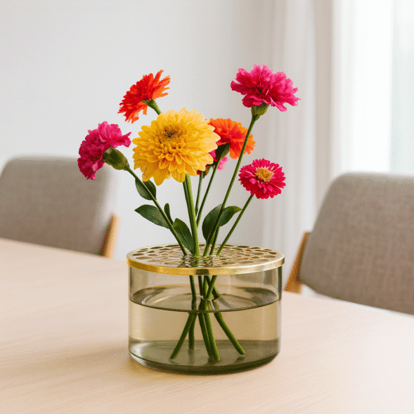 En stilren vas i rökfärgat glas med praktiskt gallerlock i mässing som ger perfekt stöd för snittblommor och kvistar. Skapa vackra arrangemang med lätthet. Både dekorativ och funktionell.