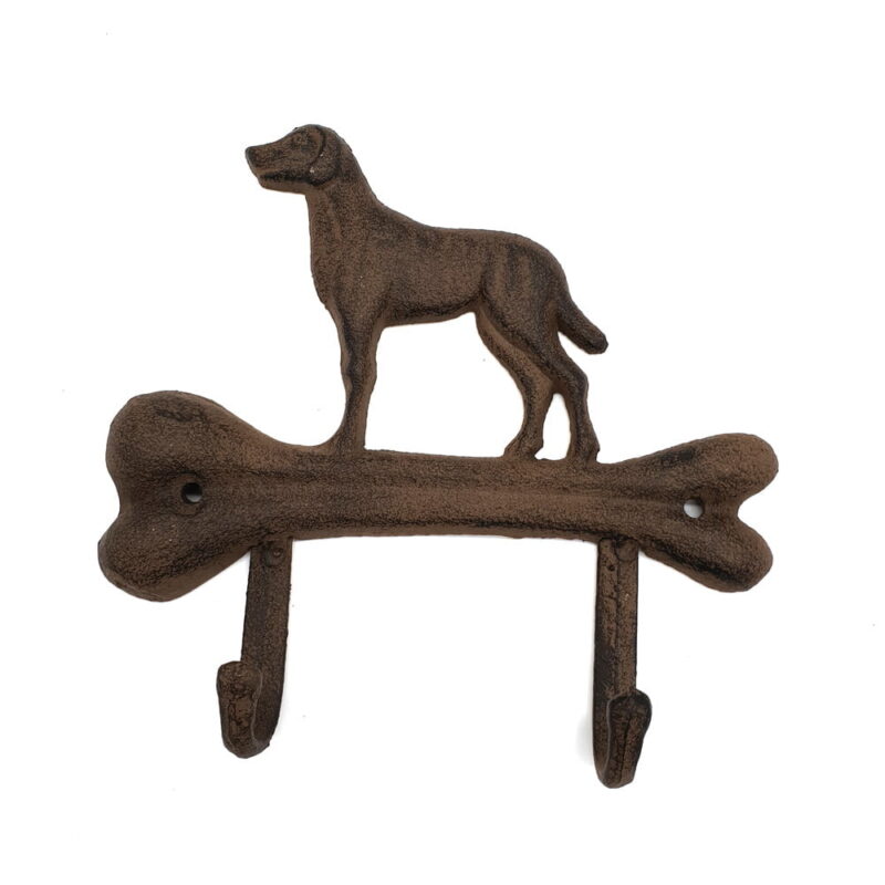 Dekorativ krok i gjutjärn med hund på benformad bas. Robust och tålig, samtidigt som den tillför en lekfull känsla. Längd 18 cm.