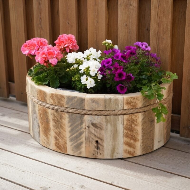 Halvmåneformad kruka i trä med plastad insida och repdekor. Mått 34x19x13 cm.