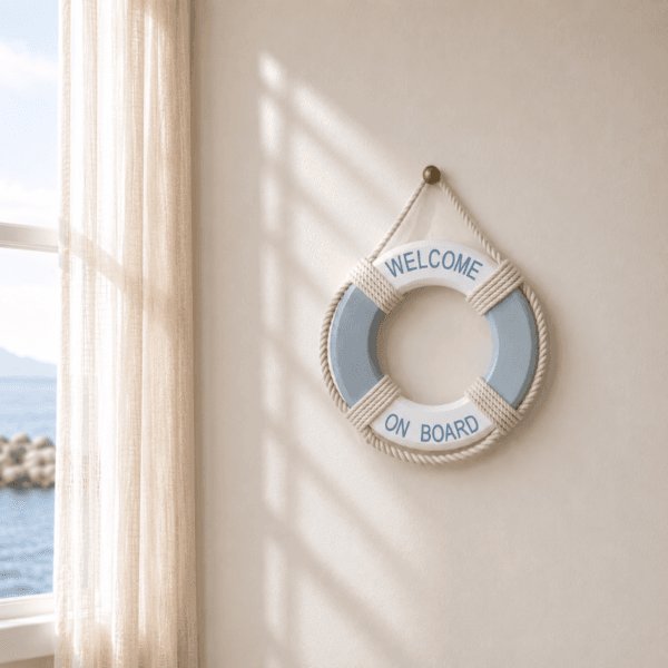 Dekorativ livboj i trä med maritim stil och texten “Welcome On Board”. Fin väggdekoration för sommarstuga, hall eller kustnära hem.