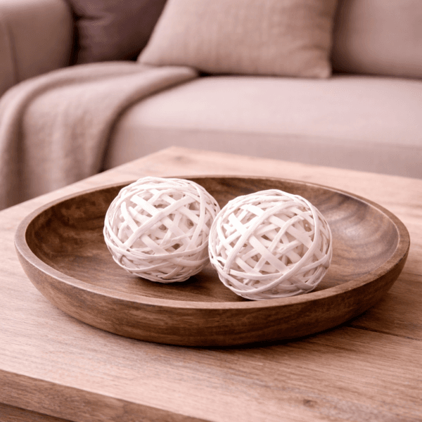 Dekorationsboll i naturmaterial med ett lätt och luftigt uttryck. Passar fint i ett fat, en skål eller som en enkel detalj i ett stilleben. Dia 10 cm.