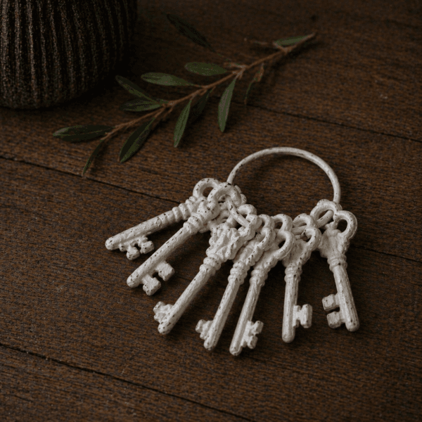 Dekorativ nyckelknippa i målat gjutjärn med sju nycklar i klassisk stil. Fin detalj för bord, hylla eller skål. Längd 12 cm.