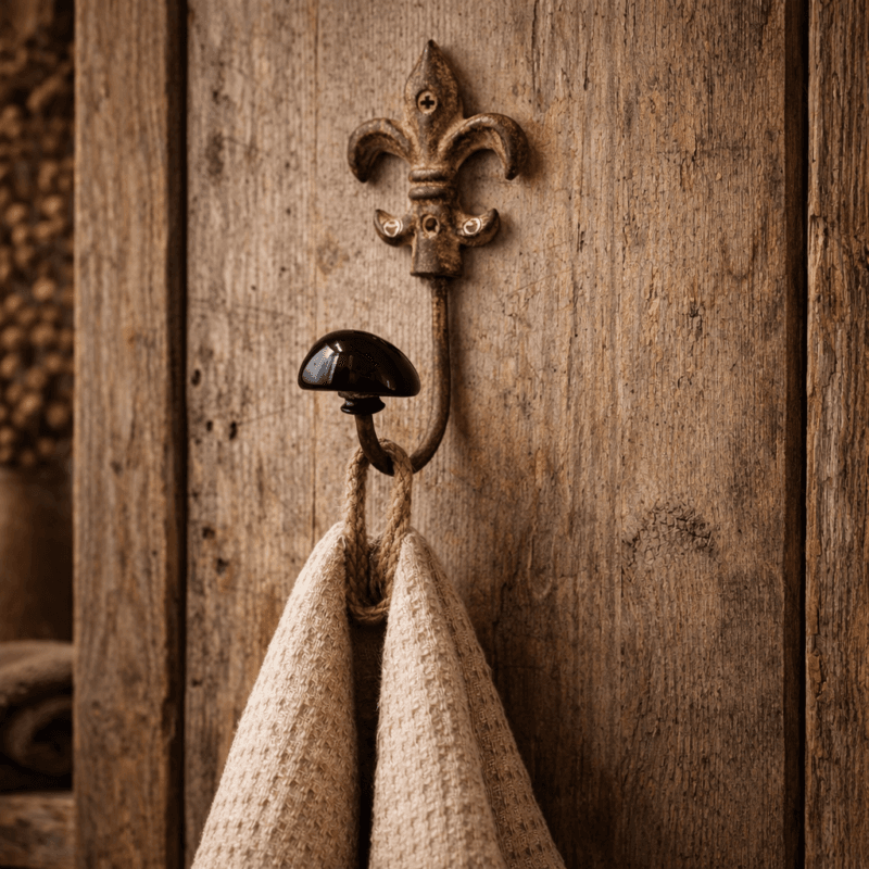 Väggkrok med rustik charm gjord i gjutjärn med dekor av klassisk fransk lilja och knopp i porslin, mått 17x7x7 cm (hxbxd).