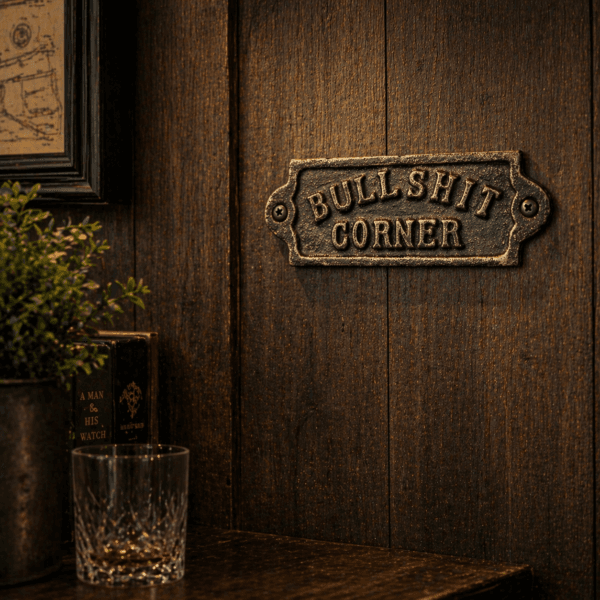 Gjutjärnsskylt med texten Bullshit Corner. En rustik och humoristisk detalj som passar perfekt i barhörna, kontor eller garage.