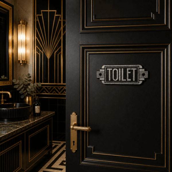 Skylt i gjutjärn med texten TOILET i art deco stil. En stilren och tydlig detalj för badrum eller gästtoalett med klassisk och dekorativ känsla.