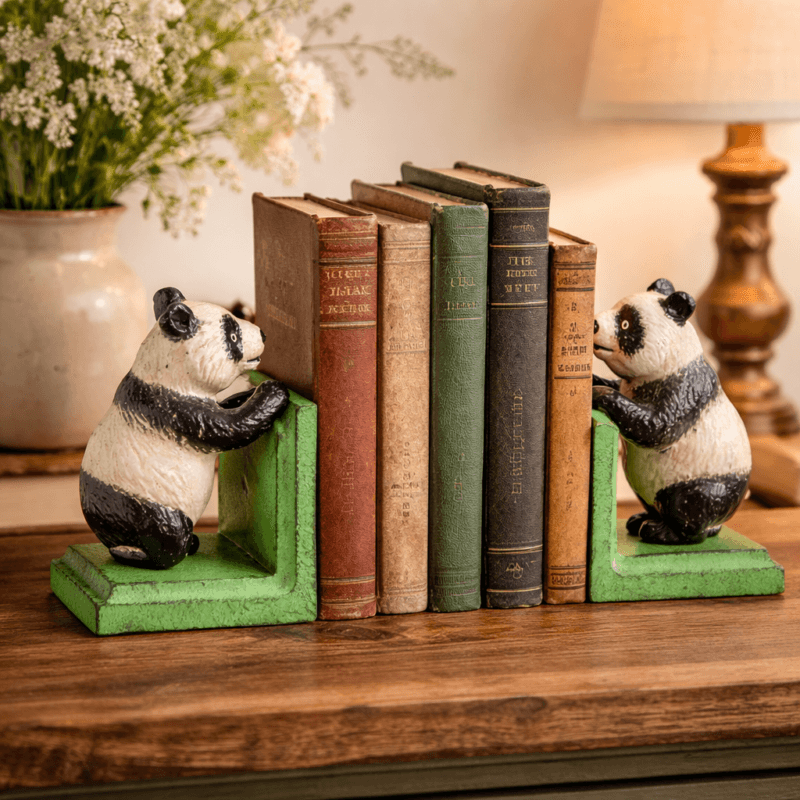 Bokstöd panda i bemålat gjutjärn, 1 par. Dekorativa och stabila bokstöd som håller böcker på plats och ger en lekfull detalj i hyllan eller på skrivbordet.