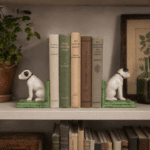 Bokstöd i gjutjärn med dekor av hund. Perfekta för både barnrummet och vardagsrummet där funktion möter charm. Höjd 12 cm.