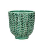 Kruka i petrolfärgat stengods med dekorativt mönster. Diameter 11 cm, höjd 11 cm.