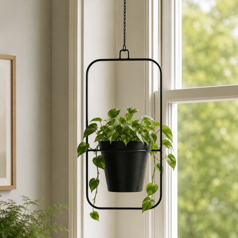 Hängande ampelkruka i svart metall med stilren och luftig design. En dekorativ detalj för gröna växter i hemmets alla rum. Mått 42x21x14 cm.