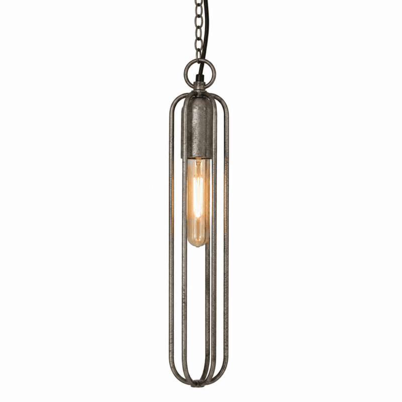 XET-1068-1 Slank taklampa i mörkt silverfärgad metall med patinerad finish. Industriell design med E27-sockel – passar i fönster, över köksö eller vid sängen.