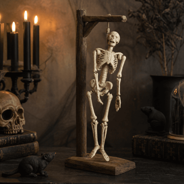 Hängande skelett i gjutjärn med trägalge. Dekorativ detalj för mörkare inredning som även passar perfekt som effektfull dekoration till Halloween.