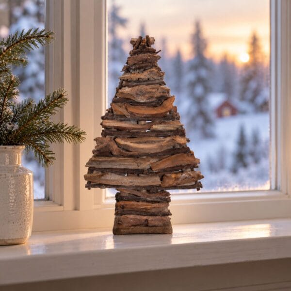 Julgran i drivved med rustikt och naturligt uttryck. Dekorativ trägran, 37 cm hög, för fönster, byrå eller julens övriga dekorationer.