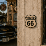 Route 66-skylt i målat gjutjärn med klassisk retrodesign. Perfekt för garage, hemmabar eller som nostalgisk inredningsdetalj.
