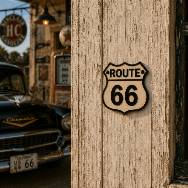 Route 66-skylt i målat gjutjärn med klassisk retrodesign. Perfekt för garage, hemmabar eller som nostalgisk inredningsdetalj.