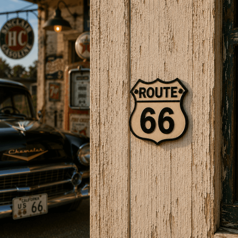Route 66-skylt i målat gjutjärn med klassisk retrodesign. Perfekt för garage, hemmabar eller som nostalgisk inredningsdetalj.