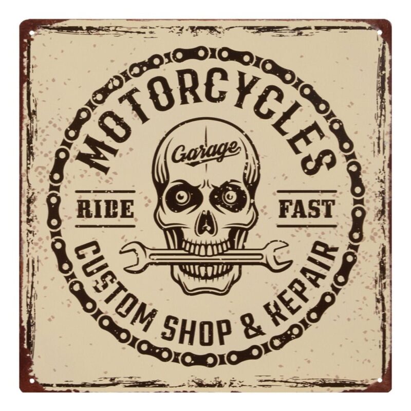 Tavla i plåt med motorcykeltema. Mått 30x30 cm.