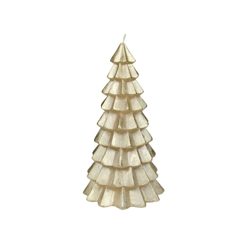 Figurljus i form av en guldfärgad julgran. Diameter 10 cm, höjd 20 cm.