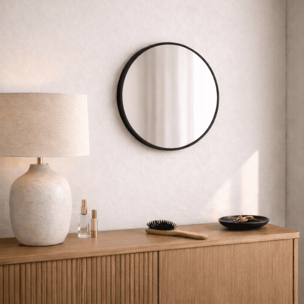 Rund spegel med svart metallram och nätt djup. Stilren design som passar i hall, sovrum eller badrum och är enkel att placera.