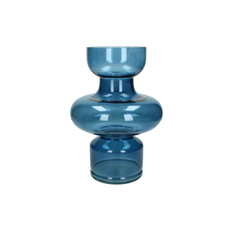 Vas i blått glas med 60-tals inspirerad design. Diameter 20 cm, höjd 28 cm.