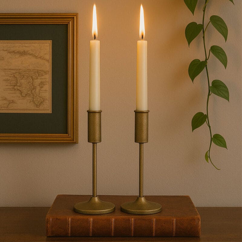 Stilfull ljusstake i metall med en mycket vacker guldig kulör med antik finish för att förstärka den rustika och klassiska stilen. Höjd 24 cm.