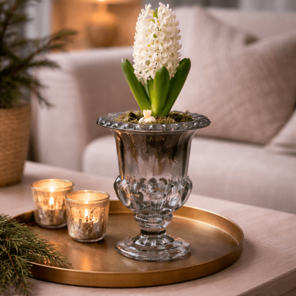 Glasurna med dekorativ fot, passar som vas, kruka eller ljuslykta. Skapar ett mjukt sken och blir en stilren detalj i hemmet året runt.