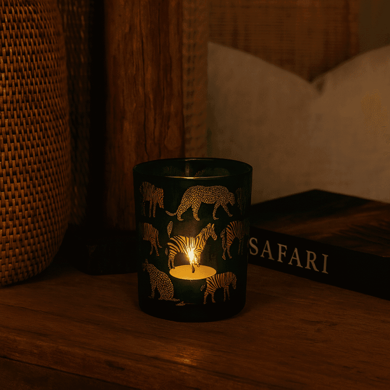 Ljuslykta Savannah i blått glas med guldmönster av exotiska djur. Extra stor Ø10 cm, H12,5 cm – sprider varmt ljussken och skapar stämning i hemmet.