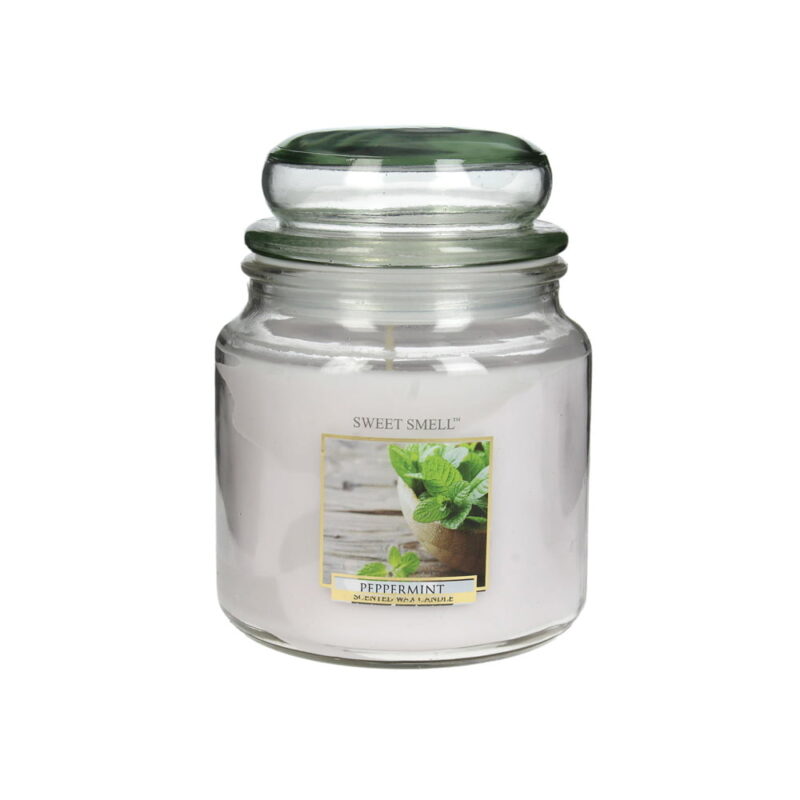 Doftljus i glasburk från Sweet Smell med en fräsch och uppfriskande doft av pepparmint. Brinntid ca 90 timmar. Diameter 10 cm, höjd 13,5 cm. 426 gram.