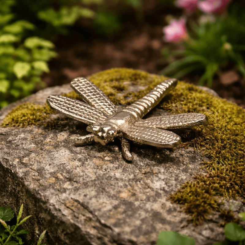 Dekorativ trollslända i guldfärgad metall. Fin detalj för hem, altan eller uterum. Placeras på bord, sten eller bland växter. Mått 10x10 cm.