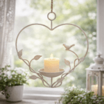 Hängande dekoration i metall formad som ett hjärta med fåglar. Passar för värmeljus eller LED-ljus och skapar ett mjukt sken. Höjd 31 cm