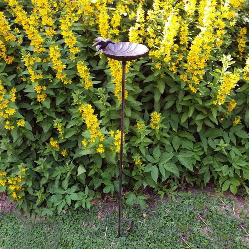 Fågelbad på pinne i gjutjärn med en dekor av fågel. Diameter fat 14 cm. Total höjd 100 cm.
