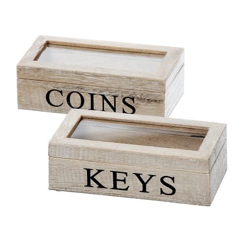 Ask i trä med glaslock för förvaring av småmynt eller nycklar. Mått 16x9x5 cm (lxbxh). Priset avser en ask, välj mellan Coins eller Keys.