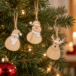 Hängdekorationer i trä med tomte, snögubbe och ren, 24-pack