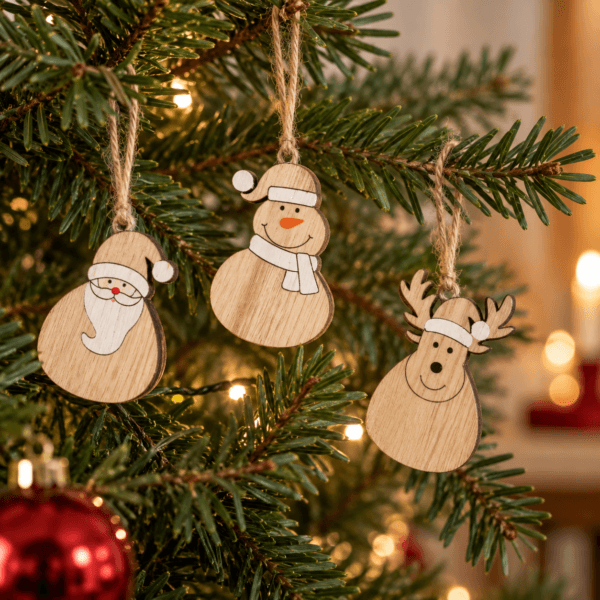 Hängdekorationer i trä med tomte, snögubbe och ren, 24-pack