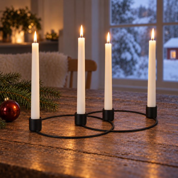 Låg svart ljusstake med fyra tända kronljus och överlappande ringar.