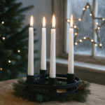 Modern ljusstake i svart metall med plats för fyra kronljus. Perfekt som adventsljusstake eller året runt. Stilren design, Ø20 cm, höjd 6,5 cm.