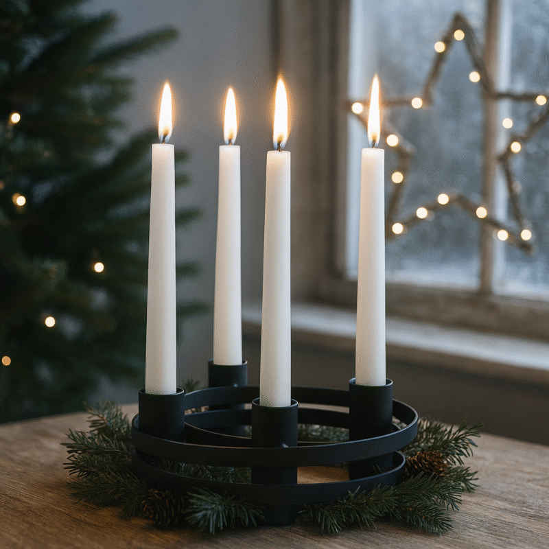 258528 Modern ljusstake i svart metall med plats för fyra kronljus. Perfekt som adventsljusstake eller året runt. Stilren design, Ø20 cm, höjd 6,5 cm.
