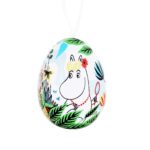 Öppningsbart påskägg i plåt med fint muminmotiv och upphängningsögla av vitt satinsnöre. Mått 7x5,5x5,5 cm (lxbxh). Handdisk rekommenderas.