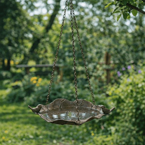 Lövformat fågelbad i metall för upphängning i kedja. Mått fat 36x31 cm (lxb).