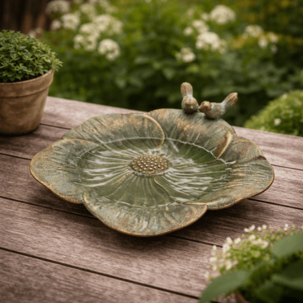 Blomformat fågelbad i grön metall med varma guldtoner. Dekorativ detalj för trädgård och uteplats, perfekt som liten vattenplats för fåglar.