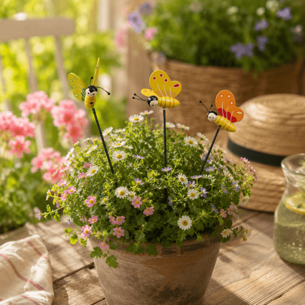 Färgglad fjäril på pinne i trä som passar fint i blomkrukor, buketter och planteringar. Lekfull blomsterdekoration för vår och sommar.