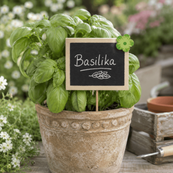 Griffeltavla på pinne i trä som gör det enkelt att märka upp kryddväxter, blommor och odlingar på ett både praktiskt och dekorativt sätt.