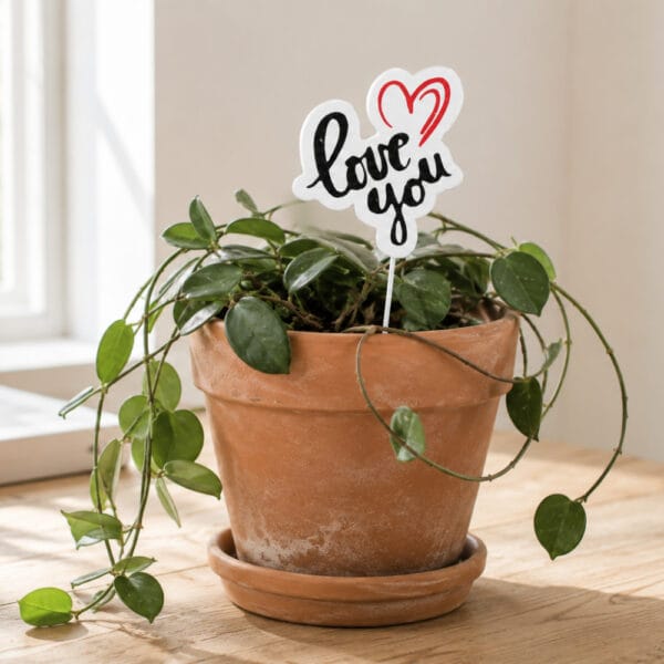 Dekorationsstick i trä med texten Love You och hjärta. Perfekt för blomkrukor, buketter och planteringar. Skylt 7 x 7,5 cm.