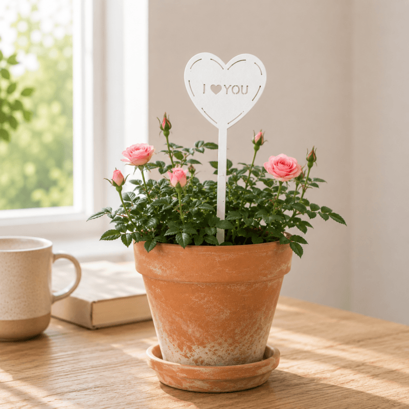Dekorationsstick i trä format som ett hjärta med texten I Love You. Perfekt för blomkrukor, buketter och planteringar. Total längd 20 cm.