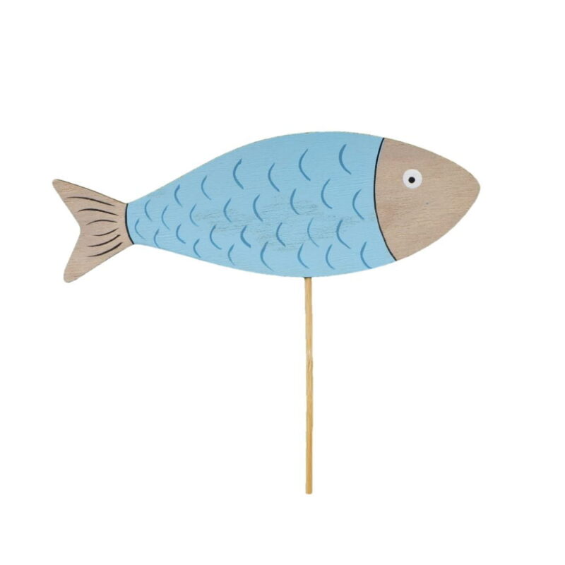 Dekoration Fina fisken i trä med pinne för t ex blomsterdekoration eller trädgårdsdekoration. Mått fisk 20x7 cm (lxh), längd inklusive pinne 32 cm.