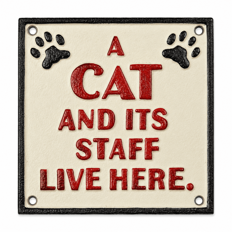 Humoristisk skylt i bemålat gjutjärn med texten A CAT AND ITS STAFF LIVE HERE. Perfekt för kattälskare, en charmig detalj till entré eller hall.