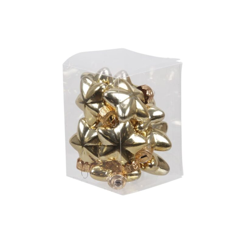 Små julkulor i form av stjärnor i guldfärgat glas, mått 4 cm. Set med 12 st.