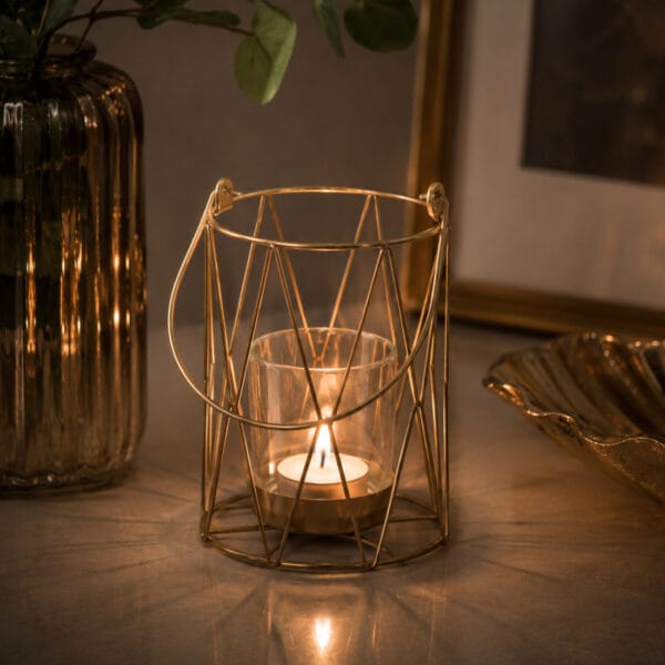 Ljuslykta i metall och glas guld 14 cm