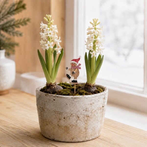 Charmig blompinne i trä med en skridskoåkande snögubbetomte. En fin juldekoration att sticka ner i krukor och planteringar. Tomten är ca 8 cm hög.