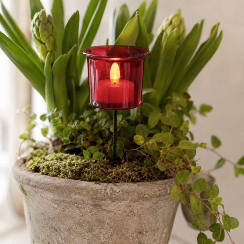 266185-1 Dekorera din blomgrupp, blomkruka eller rabatt med en eller flera av den här ljushållaren i rött glas. Perfekt för ett värmeljus med batteri. Diameter 6,3 cm.